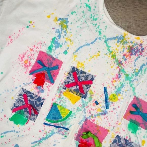 Vintage fresh ideas paint splatter rainbow pastel t shirt w/  bows 90s 22w - Picture 3 of 5